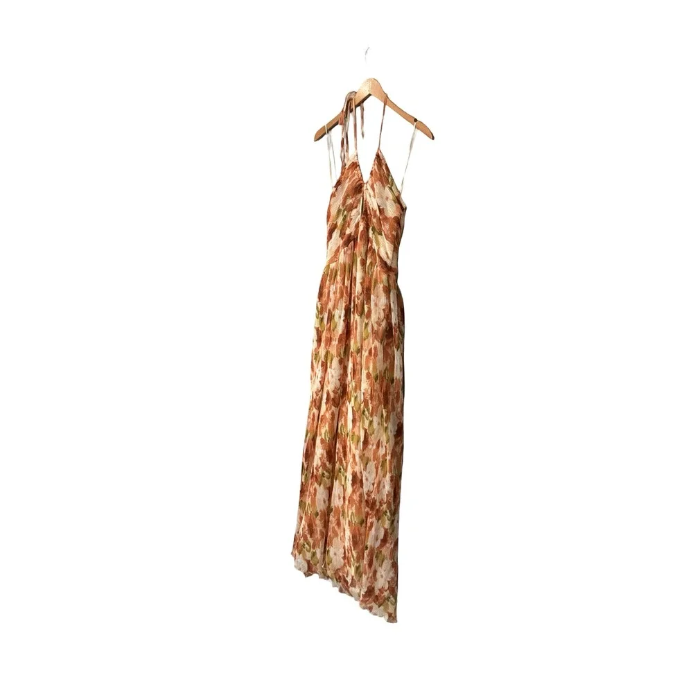 Abercrombie & Fitch Pleated Floral Halter Maxi Dress Size MT Orange Brown